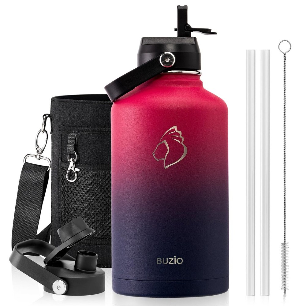 BUZIO 64oz Insulated Water Bottle Stainless Steel Double Wall Leak Proof Half Gallon with Straw Lid and Flex Cap (Cold for 48 Hrs) Sports Flask Metal Travel Mug for Hiking Cycling, Ruby Red Navy