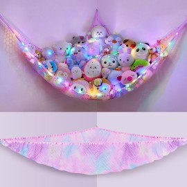 Unicorn Castle Stuffed Animals Net or Hammock Kids Toy Storage Organizer with LED Light Hanging Corner Stuffed Animals Holder Kids Girls Room Decor,Pink-Purple-Yellow,Large (Pack of 1)