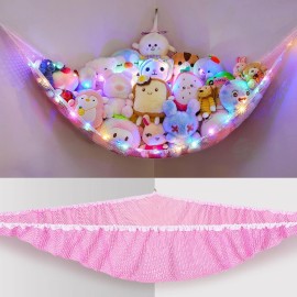 Unicorn Castle Stuffed Animals Net or Hammock Kids Toy Storage Organizer with LED Light Hanging Corner Stuffed Animals Holder Kids Girls Room Decor,Pink,Large (Pack of 1)