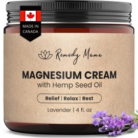 Remedy Mama Magnesium Cream for Sleep, Cramps & Muscle Soreness - with Hemp Seed Oil, Jojoba, Shea & Mango Butter - Natural, Skin-Friendly & Safe for Kids - Lavender - 4oz Glass Jar - Made in Canada
