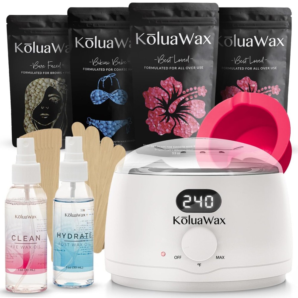 KoluaWax Premium Waxing Kit for Women - Beginner Friendly - Complete Wax Kit that includes 14oz of Wax Beads, Applicator, Pre and Post Care, Suitable for Sensitive Skin (White)