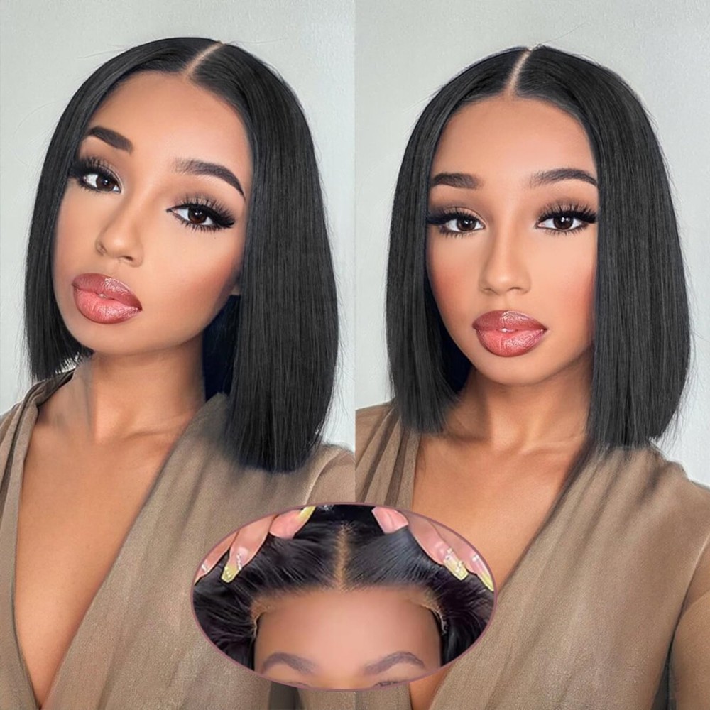 Bob Wig Human Hair Glueless Wigs Pre Plucked Pre Cut Bleached Invisible Knots 180% Density Short Straight Wigs for Black Women Bob Wigs Glueless Lace Front Wigs Human Hair with Elastic Band 10 Inch
