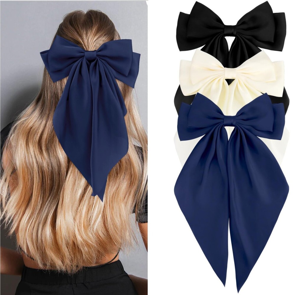 Velscrun Hair Bows for Women Girls 3Pcs White Bow Black Bow Navy Blue Big Hair Bows Clip Silky Satin Large Hair Ribbons Oversized Long Tail HairBows Hair Barrettes Accessories Gifts