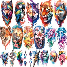 77 Sheets Temporary Tattoo, 17 Sheets Half Arm Flower Lion Tiger Cat Owl Parrot Fake Tattoos for Adults Shoulder Neck, 60 Sheets Tiny Waterproof Temporary Tattoos Realistic for Women Girls and Kids