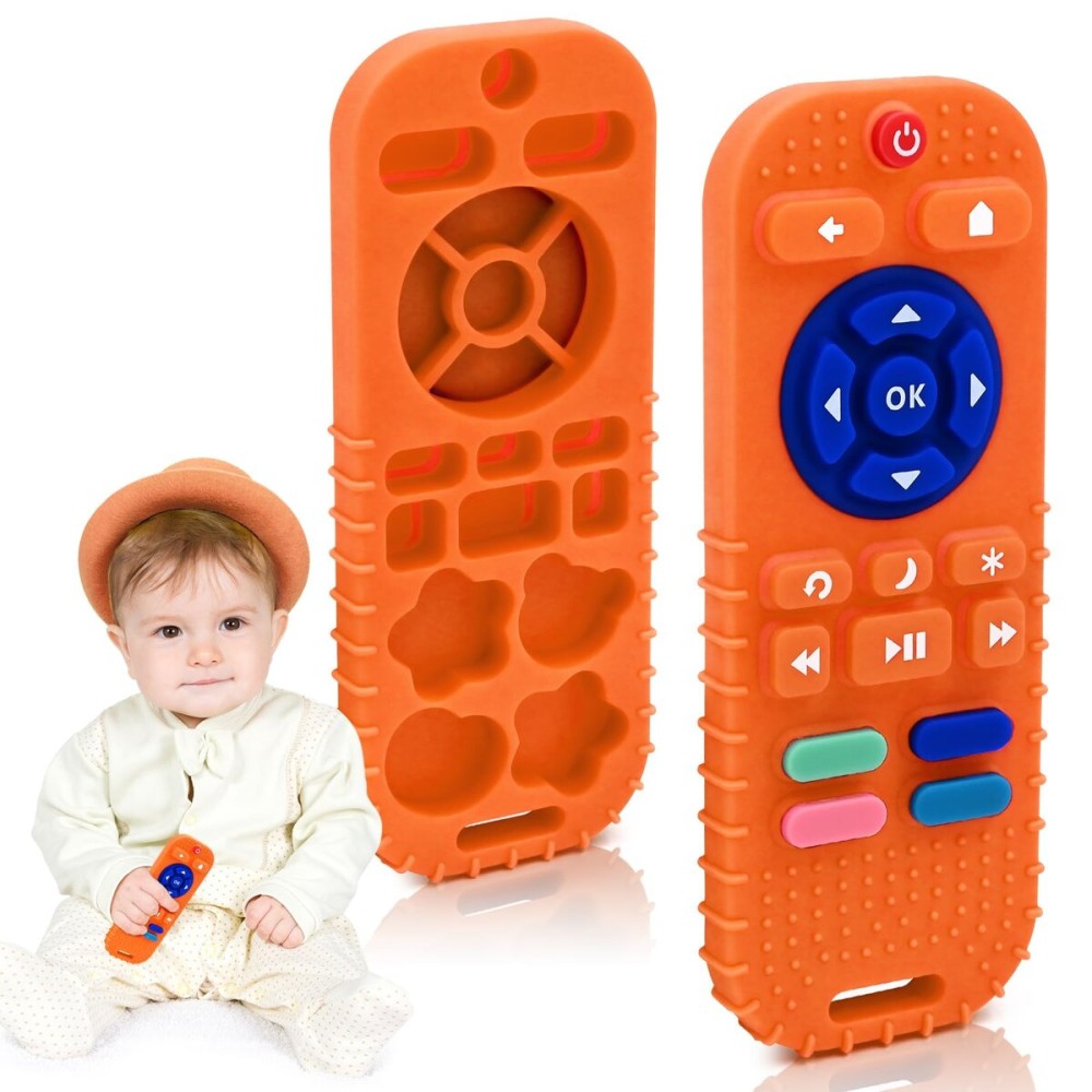 AiTuiTui Baby Teething Relief Sensory Chew Toys for 3 6 9 12 Months, Silicone Infant Teether Remote Control Bath Toy for Newborn Toddlers Boy Girl Autism Baby Shower Birthday Gifts, Orange