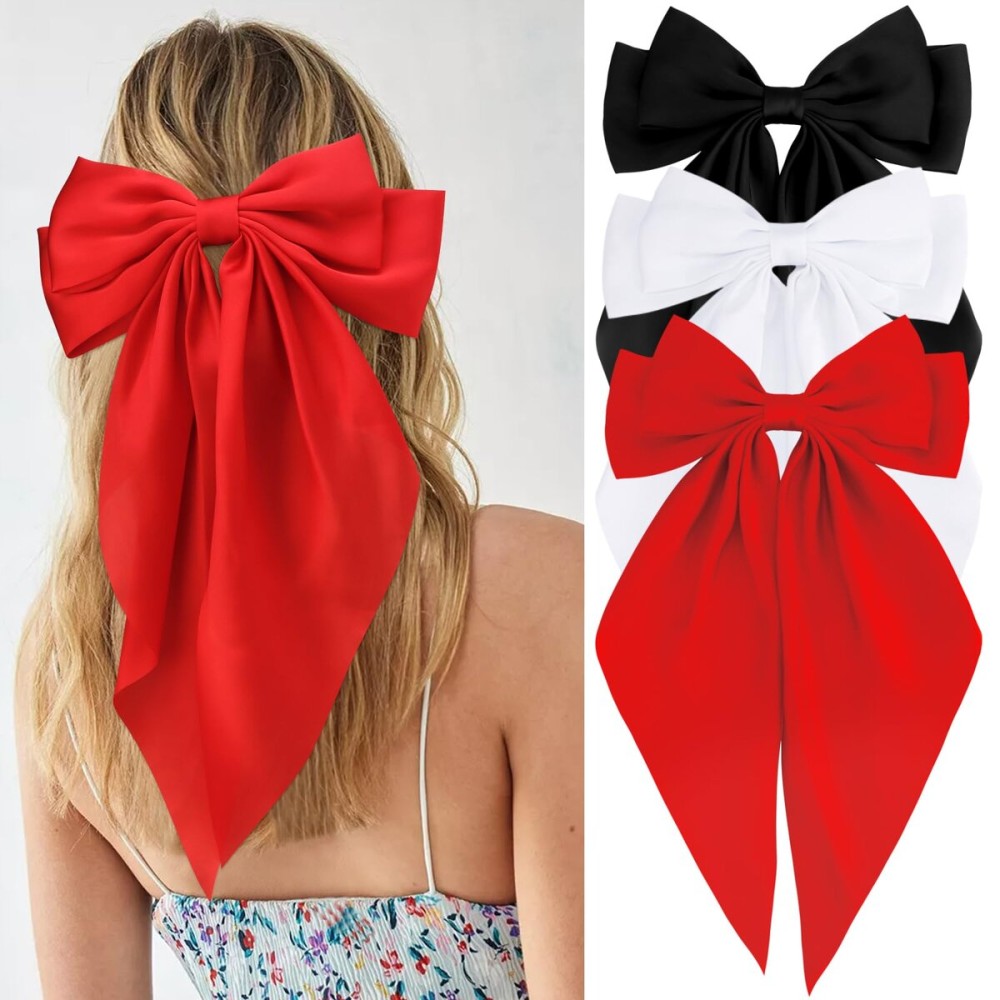 Velscrun Hair Bows for Women & Girls - 3 Pcs White Black Green Silky Satin Large Oversized Hair Ribbons with Long Tails - Big Bows Hair Accessories