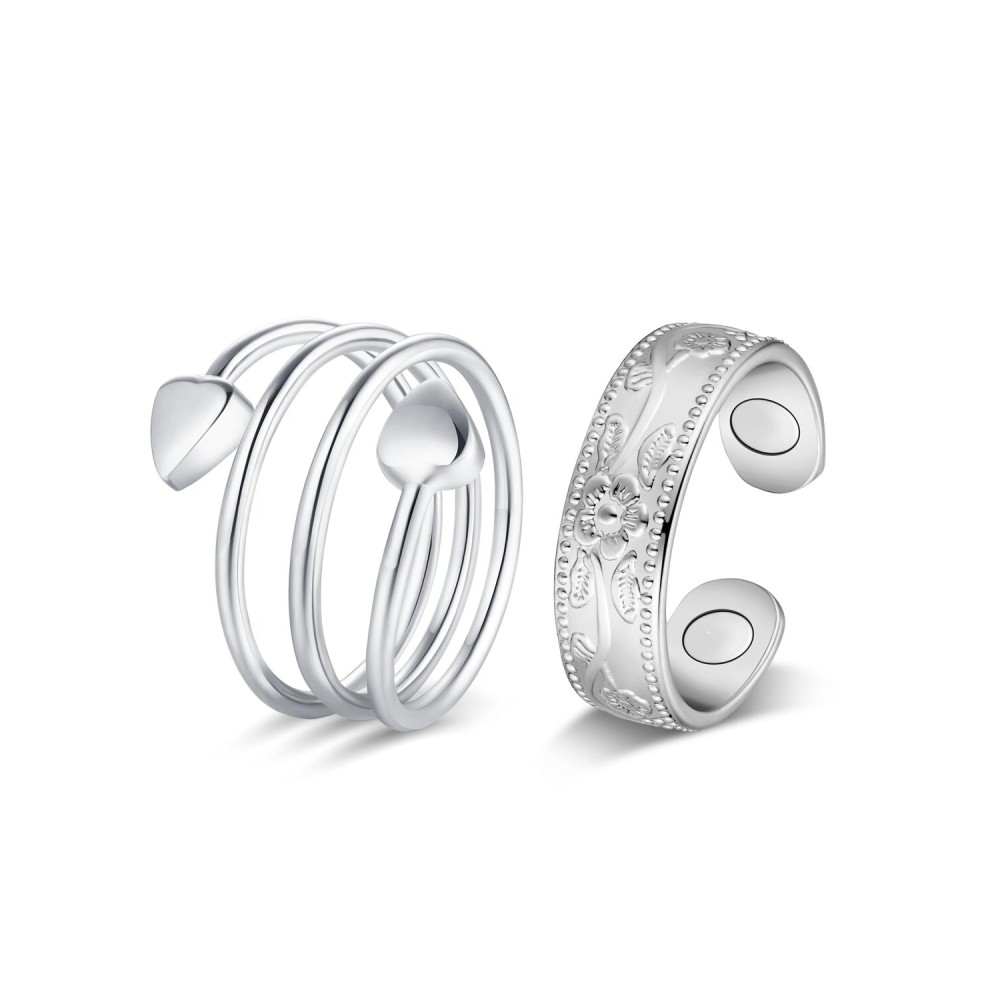 Jecanori Copper Rings for Women, Pure Copper Magnetic Lymphatic Drainage Rings for Women(Silver-flower&heart)