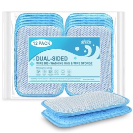 HOMEXCEL 12 Pack Scrub & Wipe Cloths, Scrub Sponges with Non-Scratch Wire Dishwashing Rag for Kitchen, All-Purpose Cloth for Dishes, Pots, Pans, Non-Stick Cookware, Countertops (Blue)