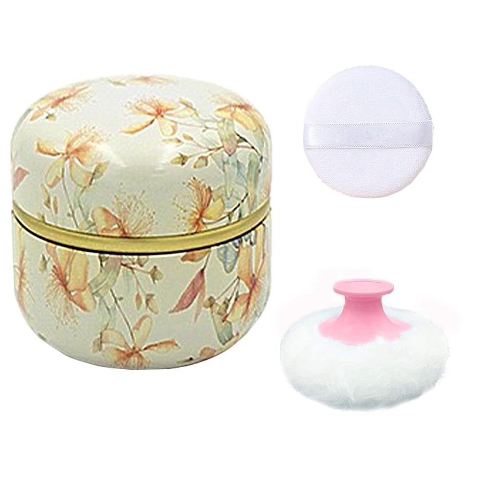 Qopoto Body Powder Puff and Container for Dusting Powder, Women Powder Puff and Powder Case for Bath and Travel (Yellow Flower)