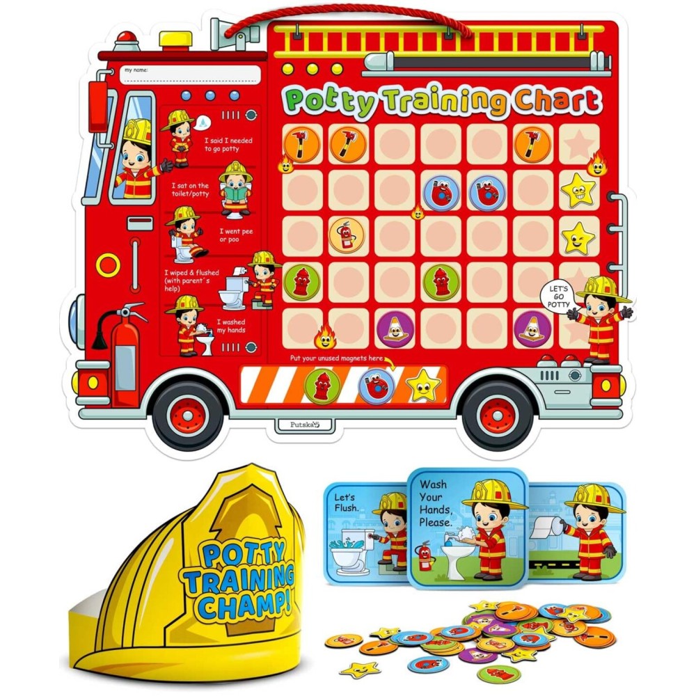 Potty Training Chart with 35 Stickers, 3 Reminder Stickers and Crown for Toddlers Boys and Girls - Potty Training Rewards for Kids - Fireman