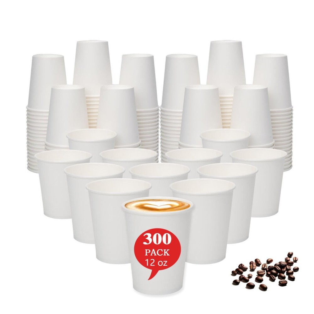 MOUMOULIFE 12 oz Paper Cups Disposable 300 Count - Bulk White Coffee Cups for Hot & Cold Beverages, Party Supplies | Leakproof, Recyclable Paper Cups