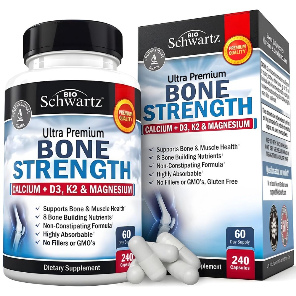 BioSchwartz Bone Strength Supplement - Gentle Non-Constipating Bone Health Supplement for Women & Men with 9-in-1 Complex with Calcium Magnesium Zinc D3 K2 & More - 3rd Party Tested - 2 Months