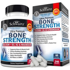BioSchwartz Bone Strength Supplement - Gentle Non-Constipating Bone Health Supplement for Women & Men with 9-in-1 Complex with Calcium Magnesium Zinc D3 K2 & More - 3rd Party Tested - 2 Months