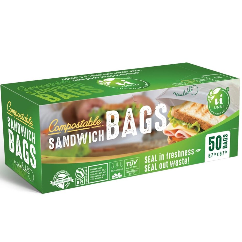 UNNI Compostable Sandwich Bags, Resealable Compostable Food Storage Bags, 500 Count, 6.5 x 6.7 inches, Earth Friendly Highest ASTM D6400, US BPI, CMA & Europe OK Compost Certified, San Francisco