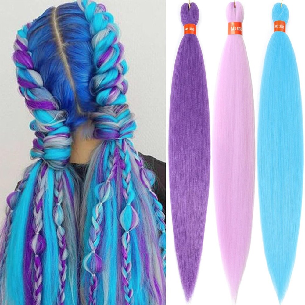 Colorful Pre Stretched Braiding Hair 30 Inch Festival Yaki Texture Braid Hair Extensions 3 Packs Braiding Hair Pre Stretched for All Occasions(purple+lavender+light blue)