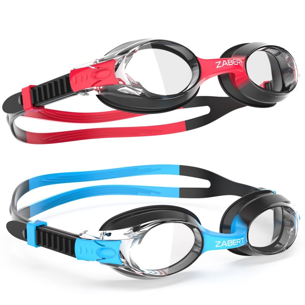 ZABERT 2 Pack Kids Swimming Goggles, Swim Goggles for Kids Boys Girls Toddler Youth Junior Jr Childrens Child Little Baby Age 3 4 5 6 7 8 9 10 11 12 Years Anti Fog Clear Black Blue Black Red