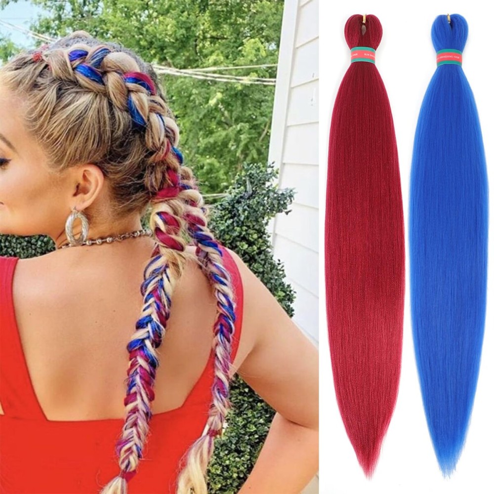 RUN SHUI Rose Red+Blue Pre stretched Braiding Hair 2 Packs Pre feathered Braid Hair Extensions 30 Inches Hair Braids