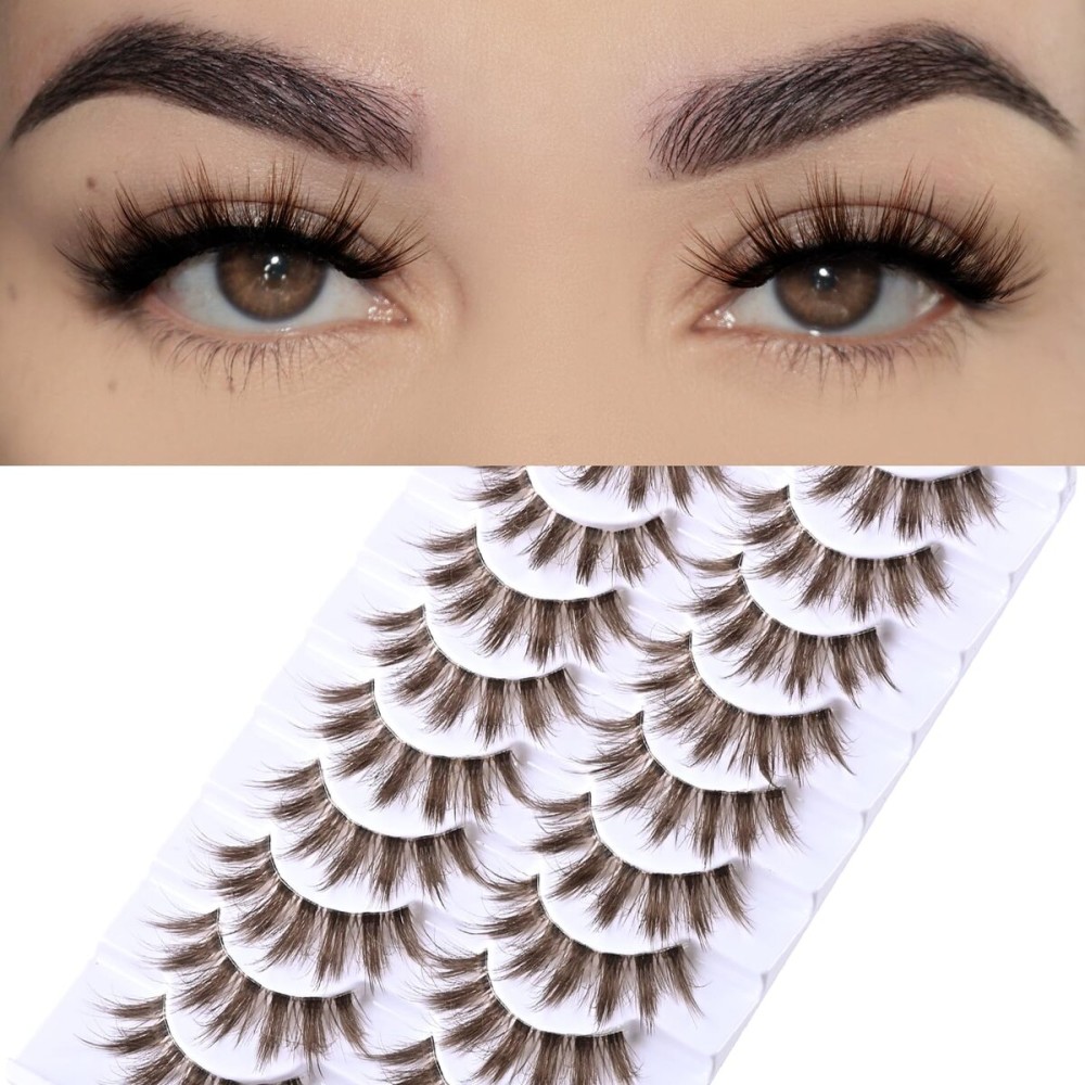 FARRED Brown Lashes False Eyelashes Natural Lashes Short Wispy Mink Eye Lash Fluffy Wispies Eyelash Natural Look 10 Pairs Fake Lashes Pack Volume Lash Strips Pestaas