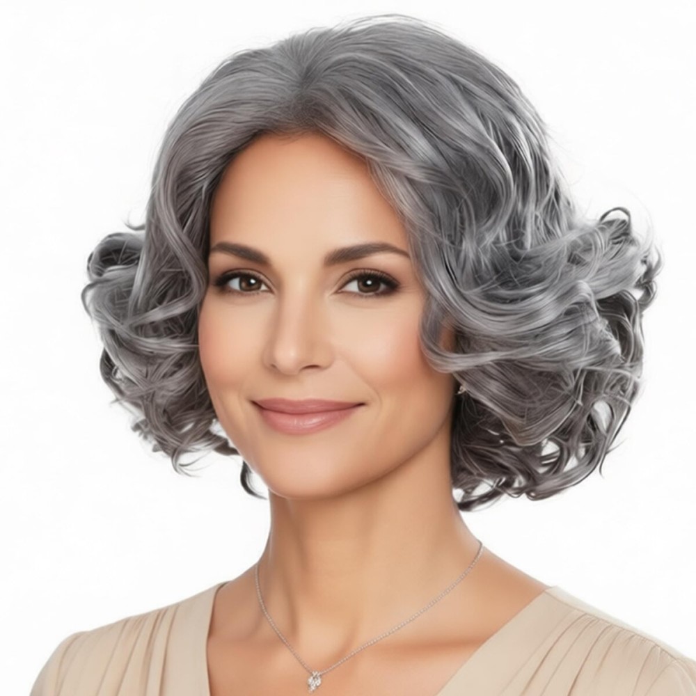 XIUFAXIRUSI XIUFAXIRUSI Grey Curly Bob Wigs for Women Short Wavy Silver Wig with Side Bangs Granny Old Lady Synthetic Wig for Daily Costume Party Use