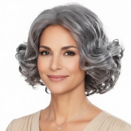 XIUFAXIRUSI XIUFAXIRUSI Grey Curly Bob Wigs for Women Short Wavy Silver Wig with Side Bangs Granny Old Lady Synthetic Wig for Daily Costume Party Use