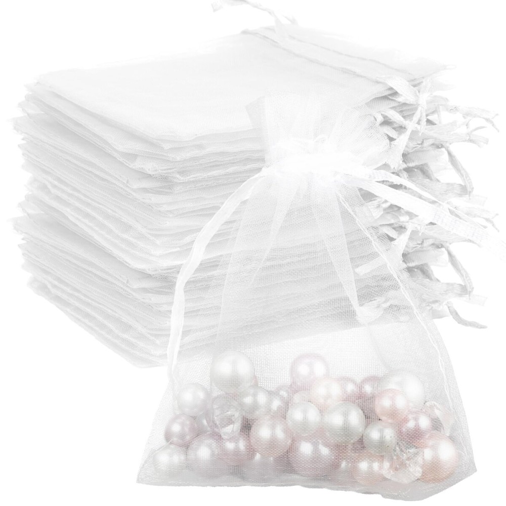 White Organza Bags - 100 Pcs, Sheer 3 x 4 Inch, Jewelry & Party Favor Bags with Drawstring, Mesh Gift Pouches for Wedding & Birthday