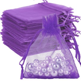 Organza Bags, Purple Organza Bags, 100Pcs, Sheer Organza Bags 3 x 4 inch, Jewelry Gift Bags, Party Favor Bags with Drawstring, Mesh Gift Pouches Mini Candy Bags for Wedding Birthday Party