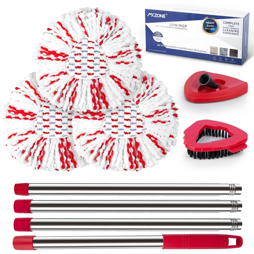 Spin Mop Head Replacement Base Handle Compatible with O Cedar EasyWring 1-Tank System, 3 Pack 40% More Cleaning Power Replace Heads, 1 Mop Handle, 1 Base and 1 Scrub Brush Combo Set