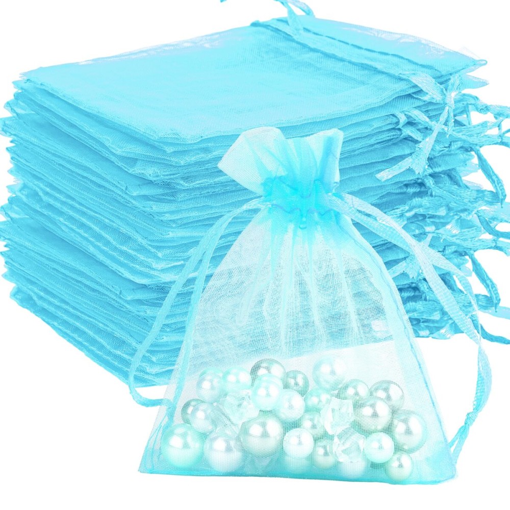 Sheer Organza Bags - 100 Pcs, Small with Drawstring, Jewelry Gift & Wedding Favor Bags, Mini Candy Bags, Lake Blue
