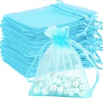 Sheer Organza Bags - 100 Pcs, Small with Drawstring, Jewelry Gift & Wedding Favor Bags, Mini Candy Bags, Lake Blue