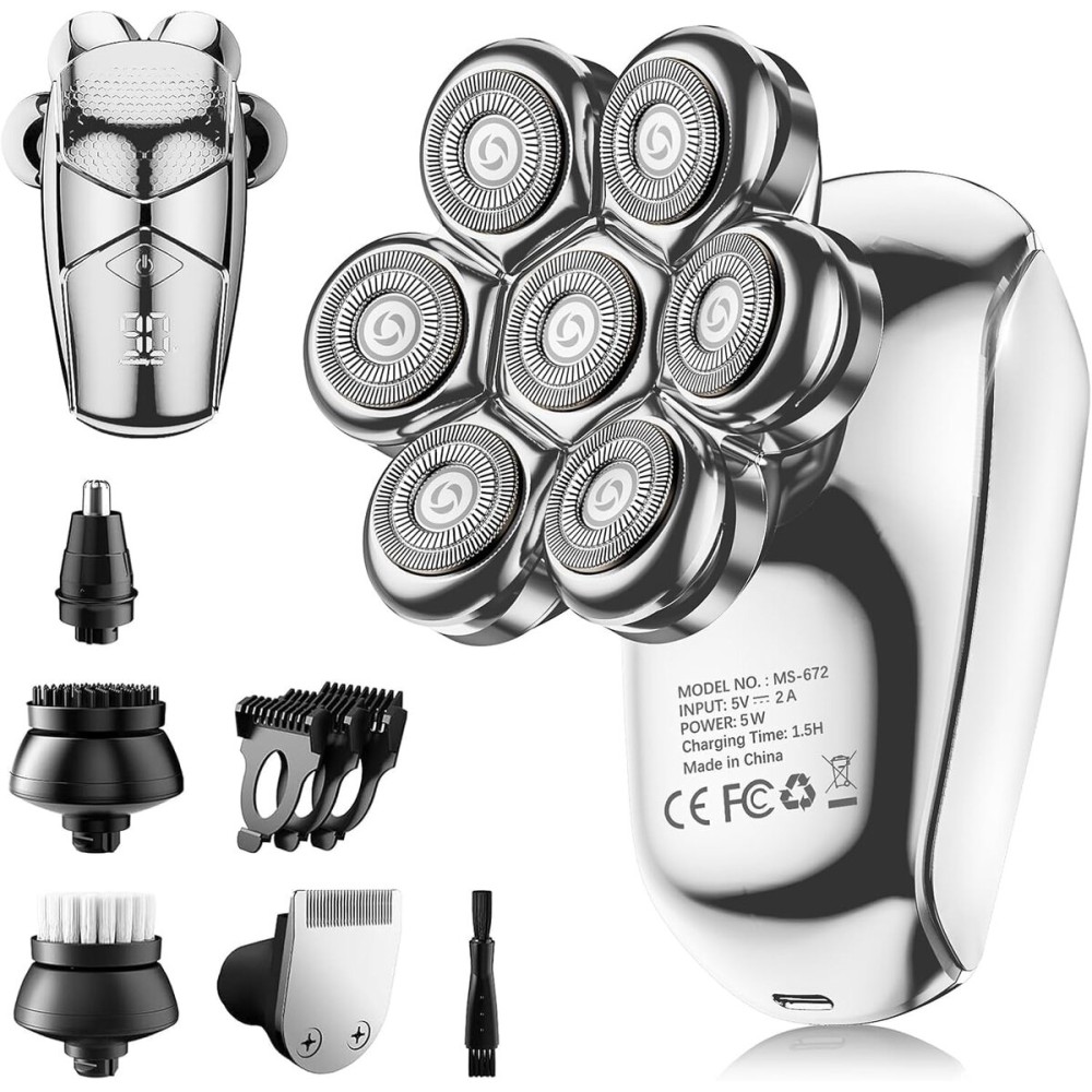 SHPAVVER Head Shavers for Bald Men: 5-in-1 Electric Razor - IPX7 Waterproof Shaving Grooming Kit for Balder - Turbo Speed & Precision Blades (White Silver)