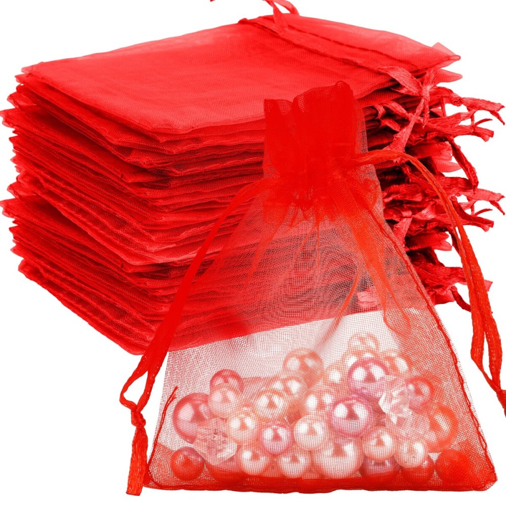 Organza Bags, 100Pcs Red Organza Bags, Sheer Organza Bags 3 x 4 inch, Jewelry Gift Bags, Party Favor Bags with Drawstring, Mesh Gift Pouches Mini Candy Bags for Wedding Christmas Birthday Party