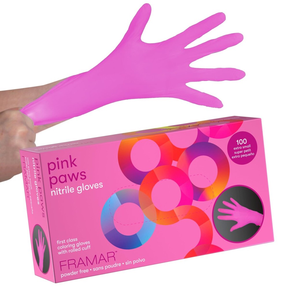 FRAMAR Pink Gloves Disposable Latex Free XS - Pink Nitrile Gloves XS, Nitrile Glove For Hair Dye, Salon, Cleaning, Tattoo, Food Prep, Non Latex Rubber, Extra Durable - 100 Pack