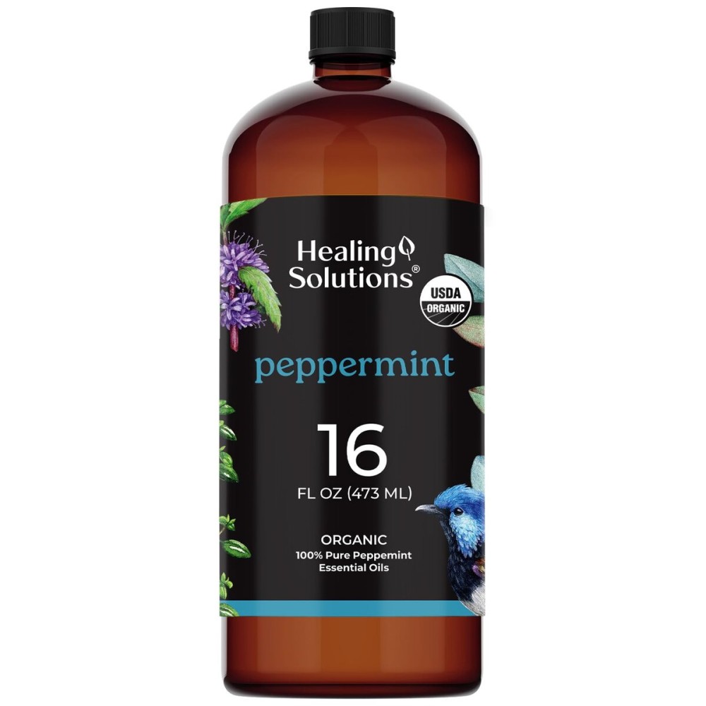 Healing Solutions Organic Peppermint Essential Oil Bulk 16oz - Large Organic Peppermint Oil Bottle for Hair, Spray & More - Peppermint Oil for House Cleaning - Peppermint Oil for Diffuser - Mint Oil