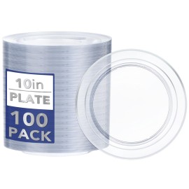 I00000 100PCS Clear Silver Plastic Plates, Clear Plates with Silver Rim, 10 Inch Dinner Plates Premium Party Supply for Wedding Birthdays Party