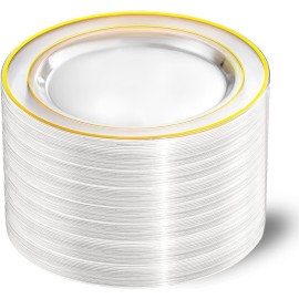 I00000 60PCS Clear Gold Plastic Plates, Clear Plates With Gold Rim 10 Inch,Fancy Disposable Wedding Plate Heavy Duty Plastic Plate for Wedding Birthdays Thanksgiving Party