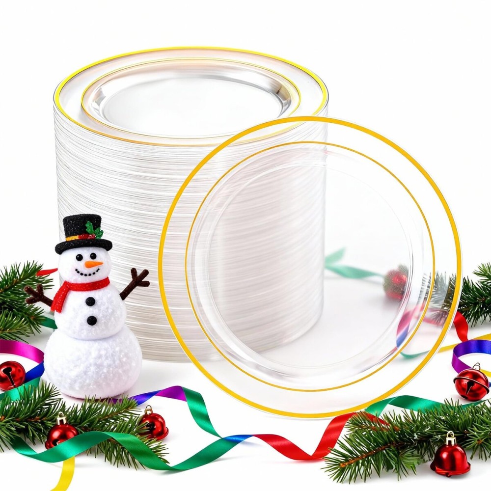 I00000 100PCS Clear Gold Plastic Plates, Clear Dinner Plates with Gold Rim 10 Inch, Fancy Disposable Wedding Premium Plastic Plate for Wedding Christmas Party Dinner