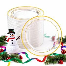 I00000 100PCS Clear Gold Plastic Plates, Clear Dinner Plates with Gold Rim 10 Inch, Fancy Disposable Wedding Premium Plastic Plate for Wedding Christmas Party Dinner