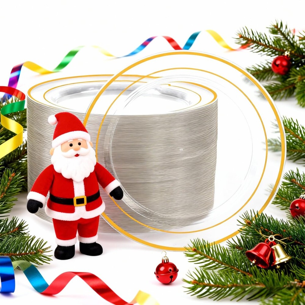 I00000 100Pcs Small Clear Gold Dessert Plates,Clear Disposable Plates with Gold Rim 7 Inch,Premium Hard Fancy Small Plates,Perfect for Birthday Thanksgiving and Wedding