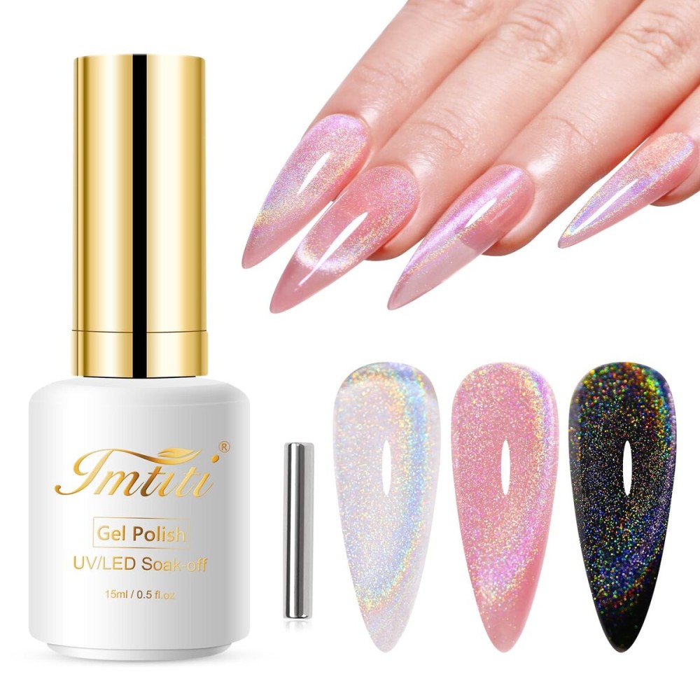 Imtiti Rainbow Cat Eye Gel Nail Polish, 15ML Holographic Glitter Cat Eye Gel Polish with Magnet UV LED Magnetic Gel Nail Polish Iridescent Sparkly Home DIY Manicure Nail Salon Kit