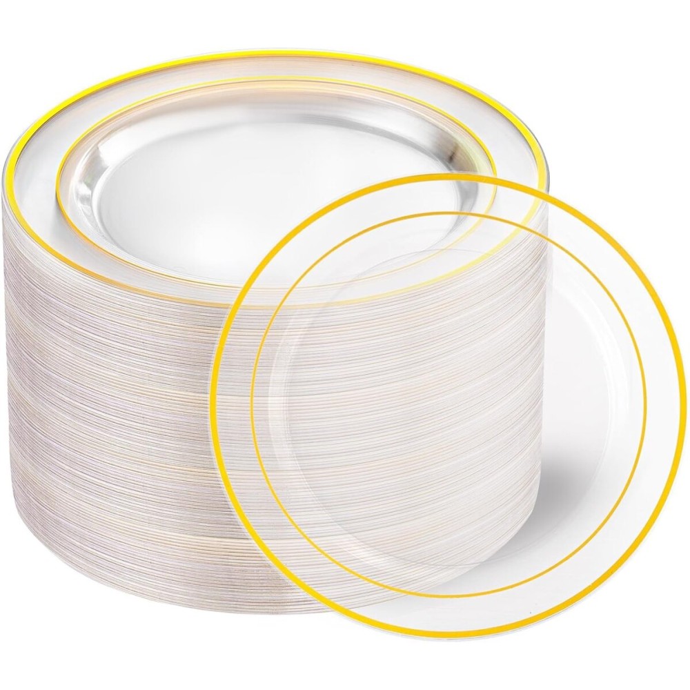 I00000 60PCS Clear Gold Dessert Plates, Clear Plastic Plates with Gold Rim 7 Inch, Fancy Disposable Wedding Plate Heavy Duty for New Year Wedding Birthdays Party