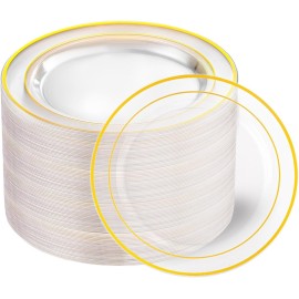 I00000 60PCS Clear Gold Dessert Plates, Clear Plastic Plates with Gold Rim 7 Inch, Fancy Disposable Wedding Plate Heavy Duty for New Year Wedding Birthdays Party