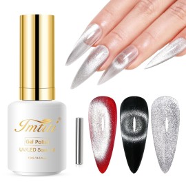 Imtiti Silver Cat Eye Gel Nail Polish, 15ML Silver Holographic Glitter Cat Eye Gel Polish with Magnet UV LED Magnetic Gel Nail Polish Clear Galaxy Sparkly Home DIY Manicure Nail Kit