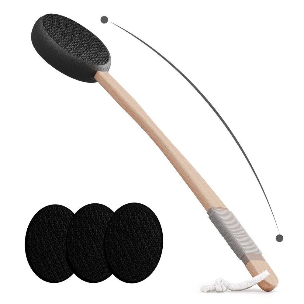 Svarvns Back Lotion Applicator with 4 Replaceable Pads, Lotion Applicator for Back Self Elderly, Women, Cream Medicine Applicator with 17 Curved Handle Easy to Target Back and Feet, Black