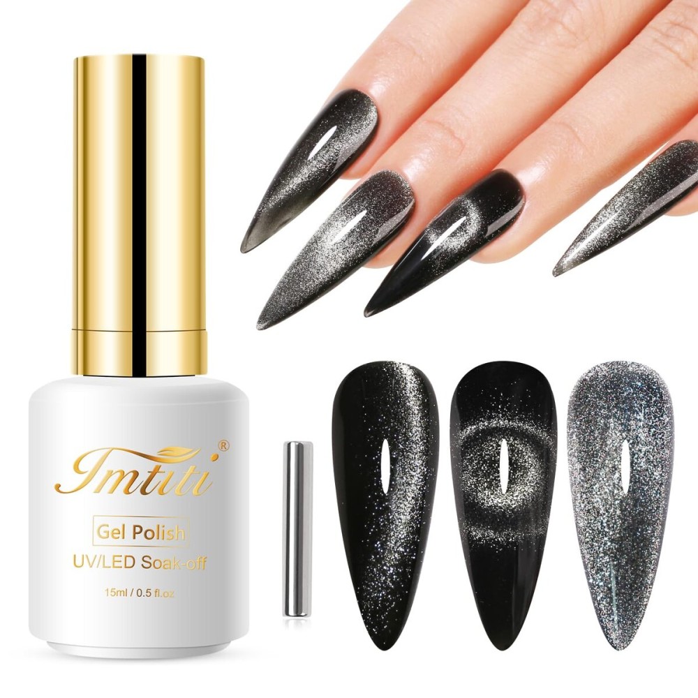 Imtiti Cat Eye Gel Nail Polish, 15ML Black Holographic Glitter Cat Eye Magnetic Gel Polish with Magnet UV LED Crystal Galaxy Sparkly Home DIY Manicure Nail Salon Kit