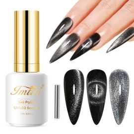 Imtiti Cat Eye Gel Nail Polish, 15ML Black Holographic Glitter Cat Eye Magnetic Gel Polish with Magnet UV LED Crystal Galaxy Sparkly Home DIY Manicure Nail Salon Kit