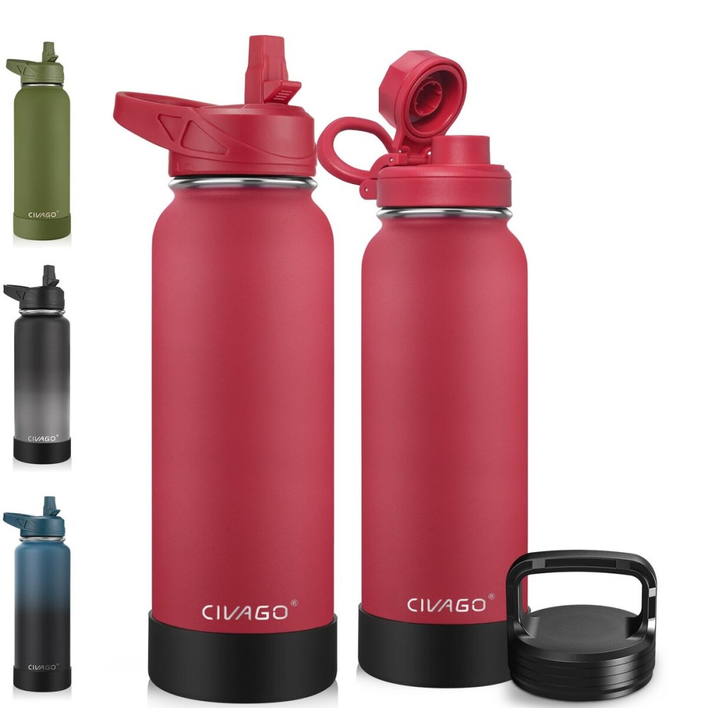 CIVAGO 40 oz Insulated Water Bottle With Straw, Stainless Steel Sports Water Cup Flask with 3 Lids, Double Walled Travel Thermal Canteen Mug, Red