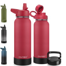 CIVAGO 40 oz Insulated Water Bottle With Straw, Stainless Steel Sports Water Cup Flask with 3 Lids, Double Walled Travel Thermal Canteen Mug, Red