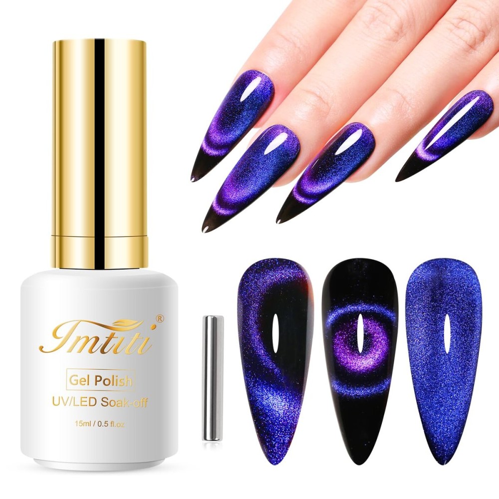 Imtiti 9D Cat Eye Gel Nail Polish, 15ML Blue Chameleon Holographic Glitter Cat Eye Gel Polish with Magnet UV LED Magnetic Nail Polish Sparkly Home DIY Manicure Nail Salon Kit