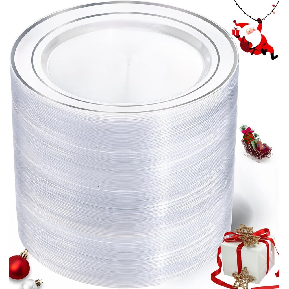 I00000 100Pcs Clear Silver Plastic Plates,Silver Rim Plates 7 Inch,Heavy Duty Premium Clear Dish for Wedding Party Supplies for Salad Dessert Cake