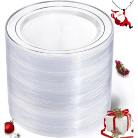 I00000 100Pcs Clear Silver Plastic Plates,Silver Rim Plates 7 Inch,Heavy Duty Premium Clear Dish for Wedding Party Supplies for Salad Dessert Cake